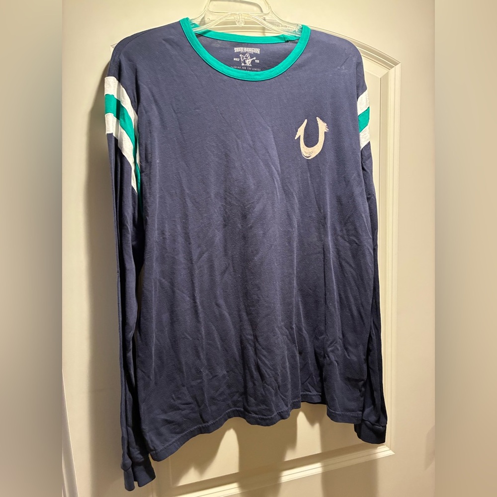 True Religion Blue Long Sleeve Tee with White and Green Stripes